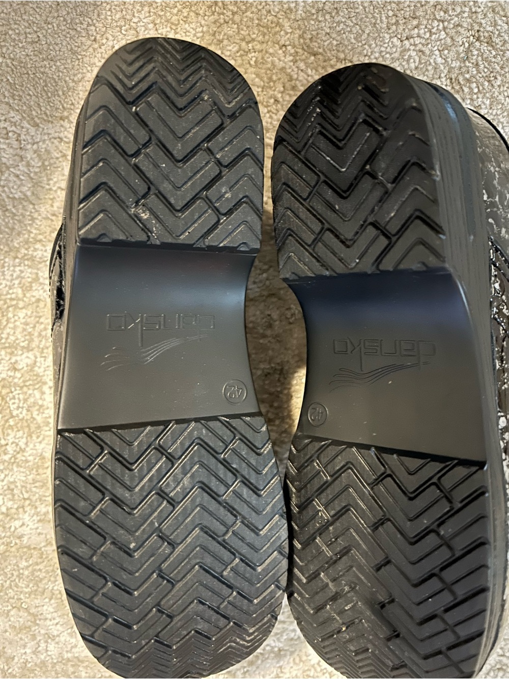 Dansko slip on clogs. Shiny, black, silver, & blue, leather. - Picture 6 of 10